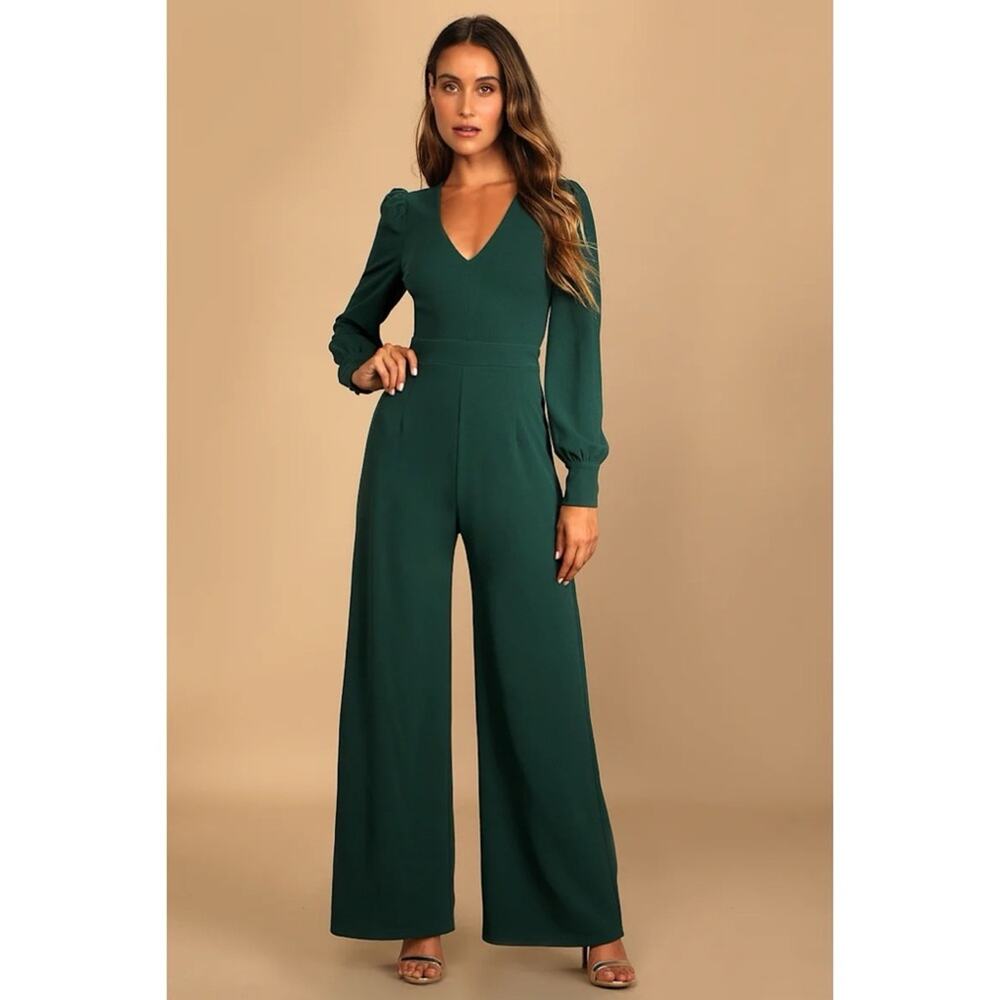 NEW Lulus Celebrating Romance Emerald Long Sleeve Wide-Leg Jumpsuit Womens Small